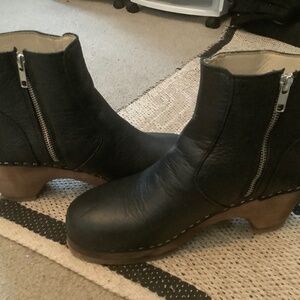 Black Leather Mules with Wooden Heel